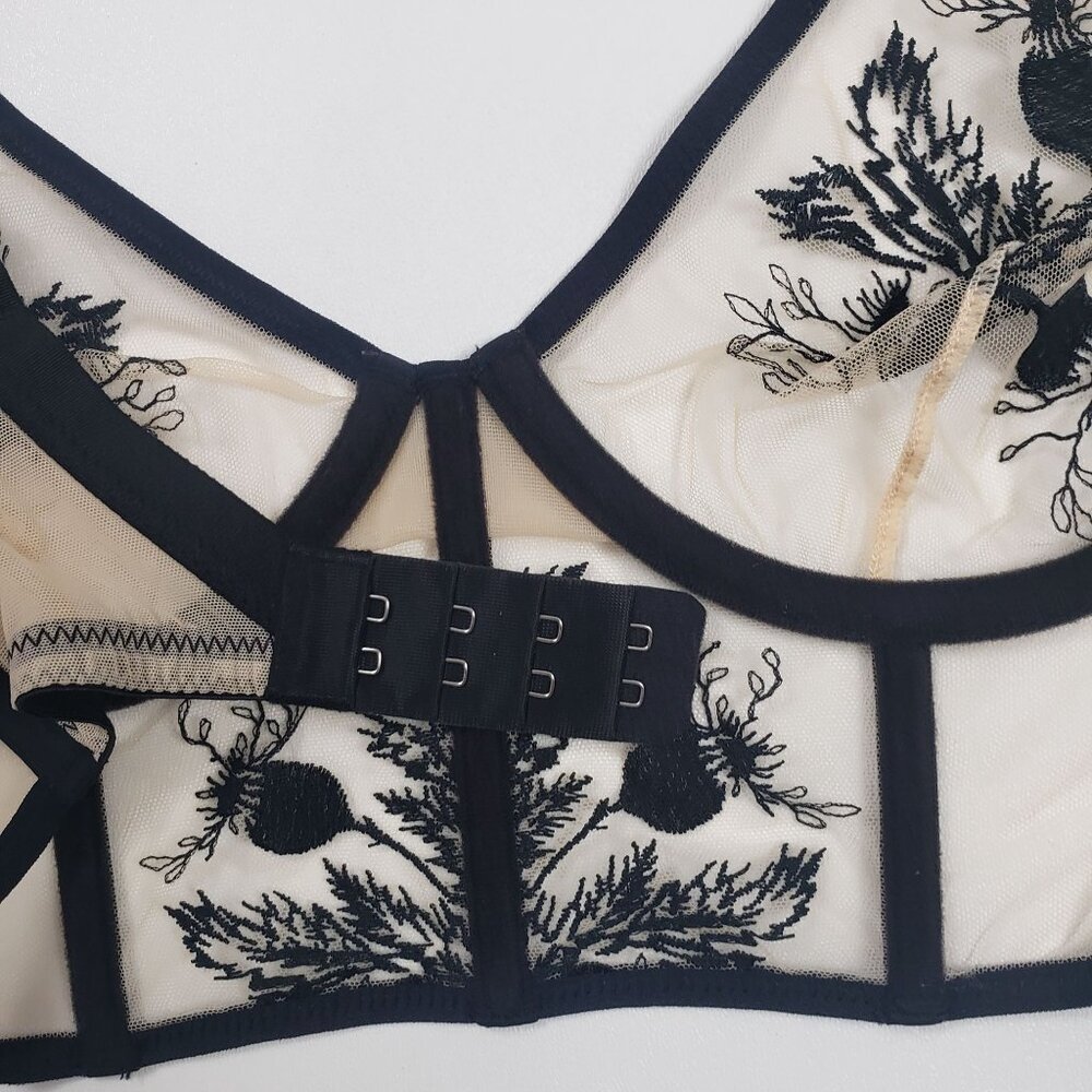 Thistle and Spire Verona Embroidered Longline Bra Women's 32DD Black Nude Mesh - Picture 14 of 16
